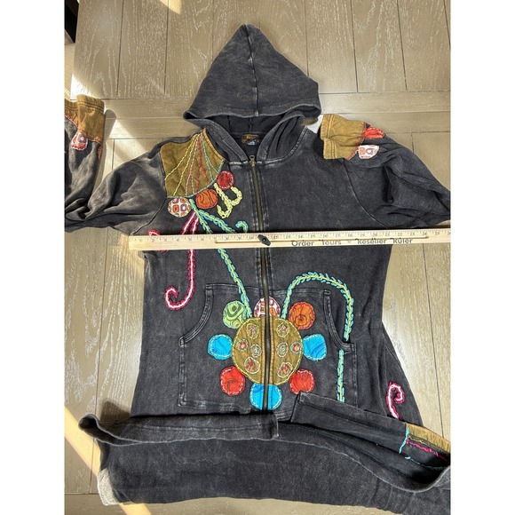 Nepal Embroidered Hoodie Jacket Womens XL Black Boho Festival Handmade Artsy - Picture 6 of 14